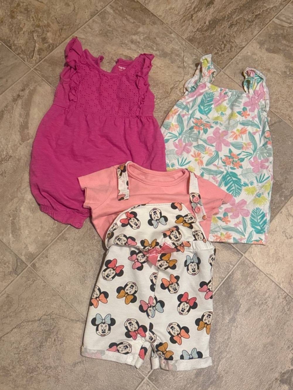Disney Minnie Mouse overalls  and Carters rompers BUNDLE 3 pieces included
